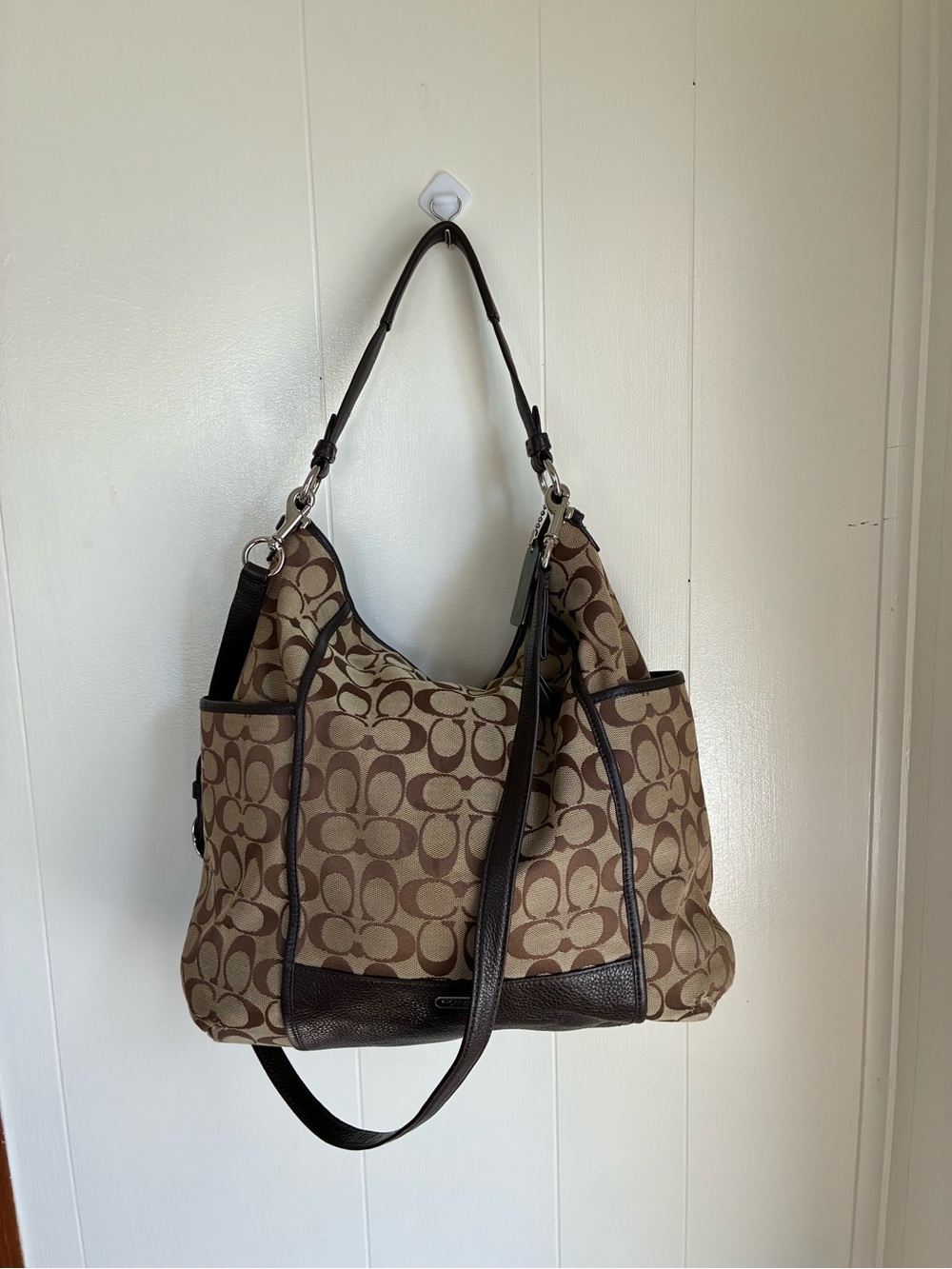 Coach Brown Signature Canvas Shoulder Bag with Dark Trim
